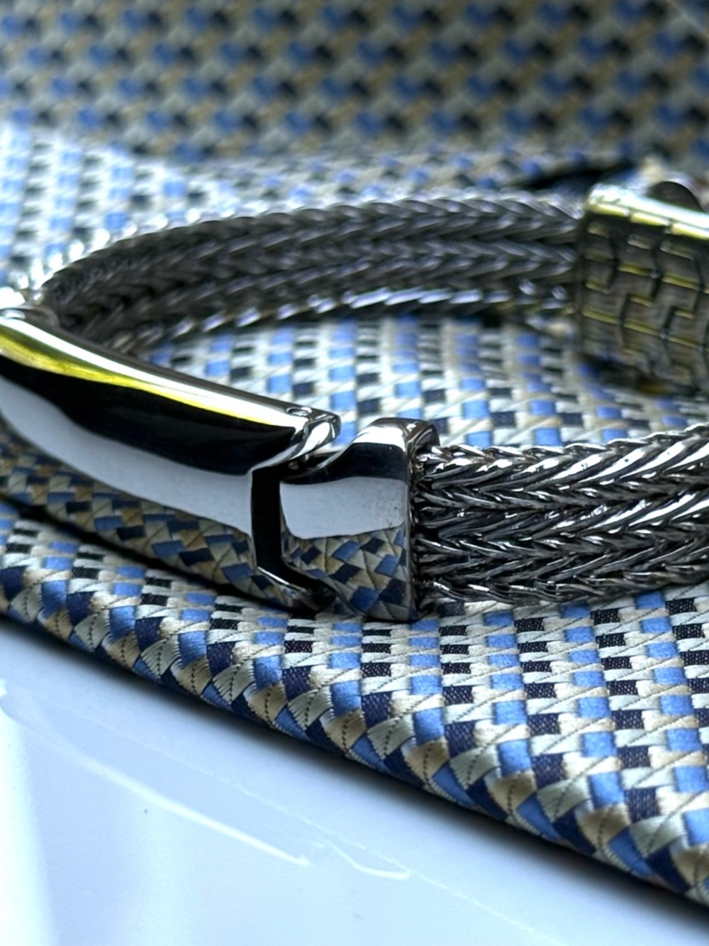 Men's Silver-Tone Woven Bracelet with Polished Plate
